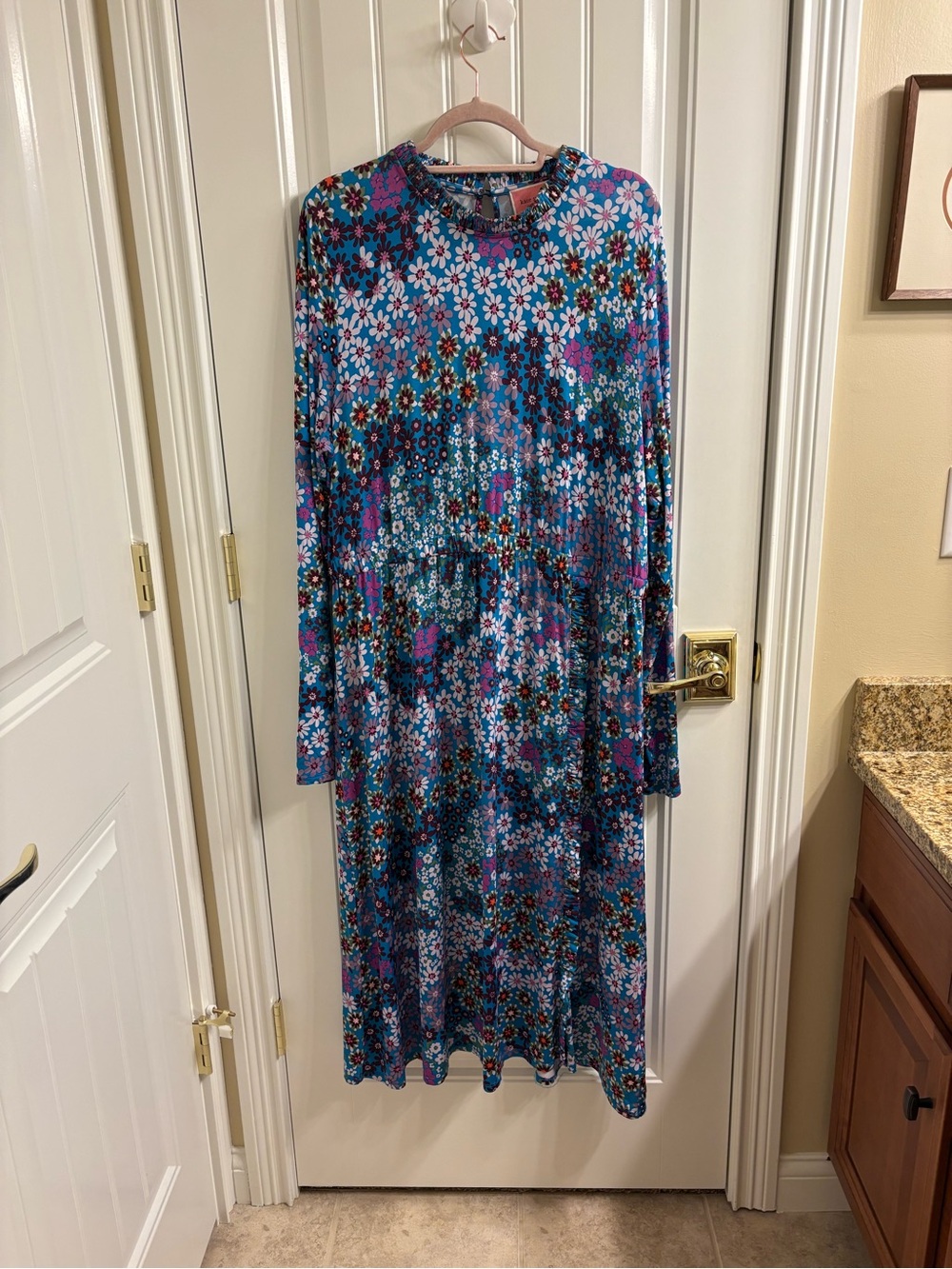 Kate Spade New York Pacific Petals Floral MIDI Dress XXL Aruba Blue Long Sleeve